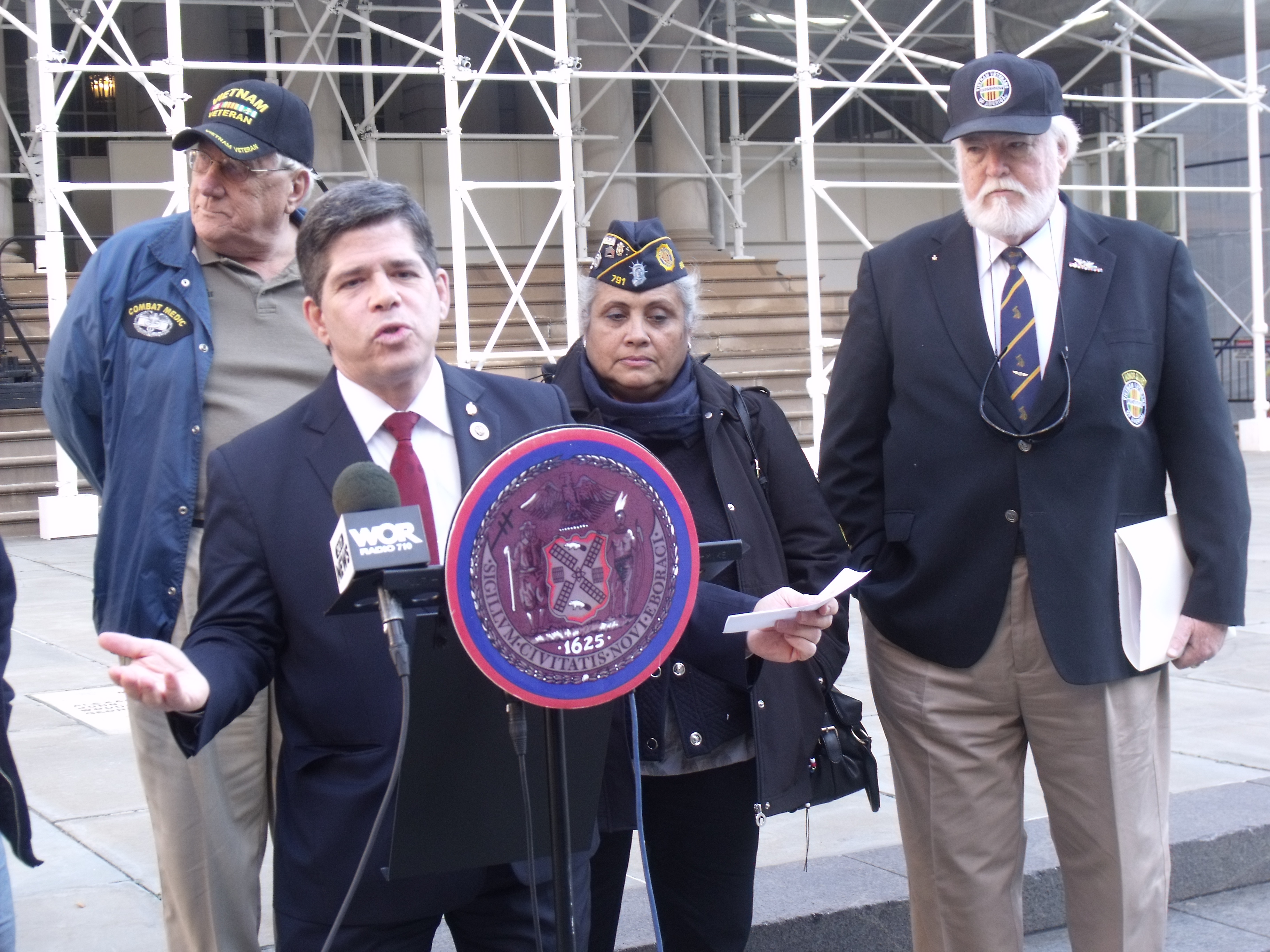 Councilman Vincent Gentile and veterans during a press conference on the City Hall steps. (Photo: Jillian Jorgensen) 
