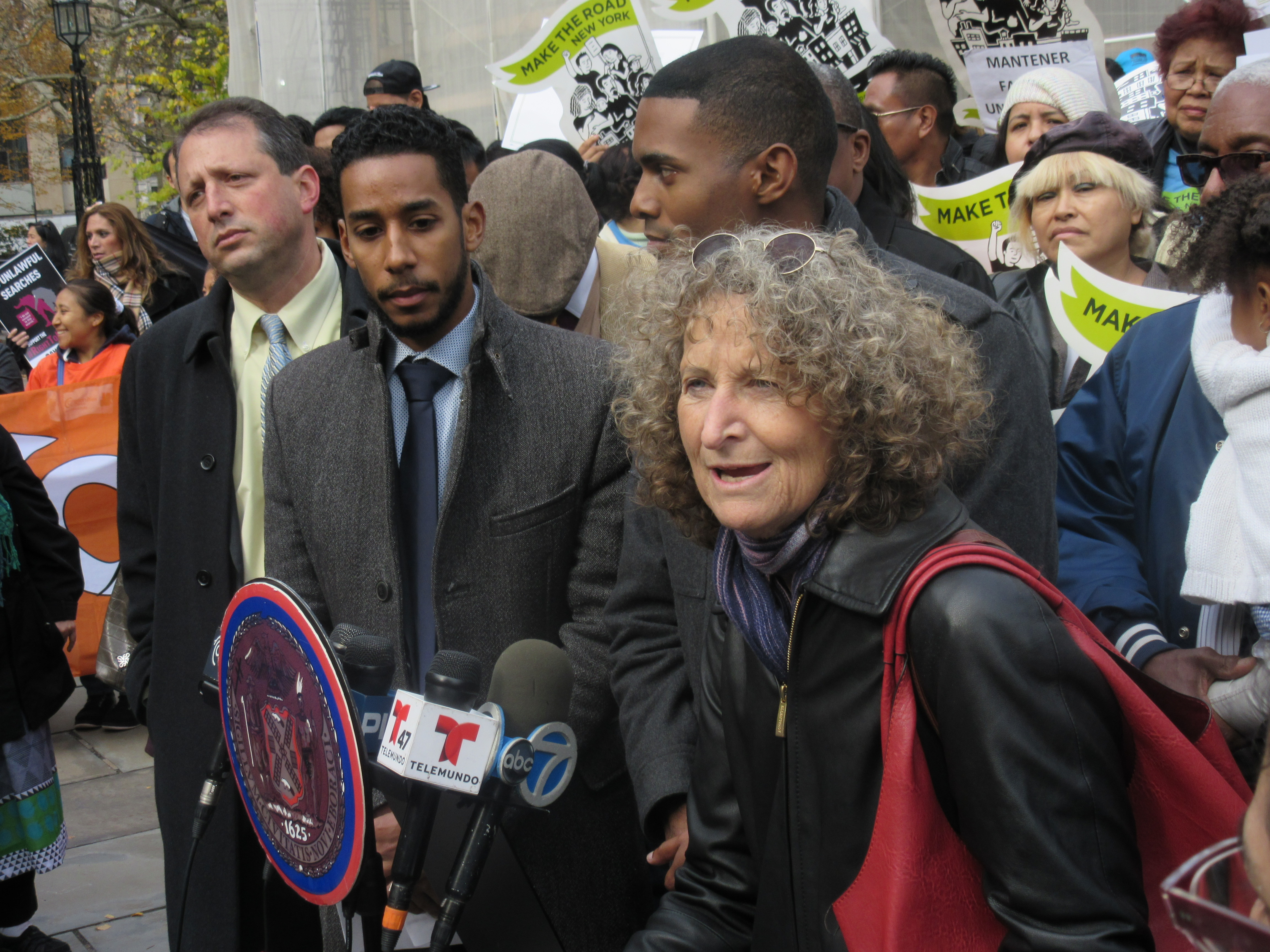 NYCLU Executive Director Donna Lieberman, right, speaks on the 'Right to Know' Act alongside Councilmen Ritchie Torres, Antonio Reynoso and Brad Lander (Photo: Will Bredderman).