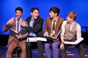 (L-R) Matthew Bauman, Ben Fankhauser, Jeremy Greenbaum and Andrew Keenan-Bolger in the York Theater Company Musicals in Mufti presentation of Stephen Sondheim’s “Saturday Night.” Photo credit: Jenny Anderson.