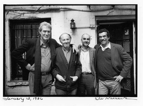 Mark Strand, Joseph Brodsky, Adam Zagajewski, and Derek Walcott in Brodsky’s garden, January 12, 1986. (Jill Krementz)
