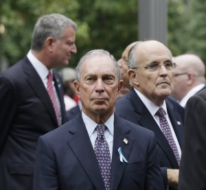 Former Mayor Michael Bloomberg (center) with former Mayor Rudolph Giuliani (right) and Mayor Bill de Blasio (left). (Photo: Mark Lennihan/Getty Images)