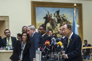 United Nations Secretary General Ban Ki Moon (R) speaks during a press conference at the Gaza Donor Conference in Cairo on October 12, 2014.  (KHALED DESOUKI/AFP/Getty Images)