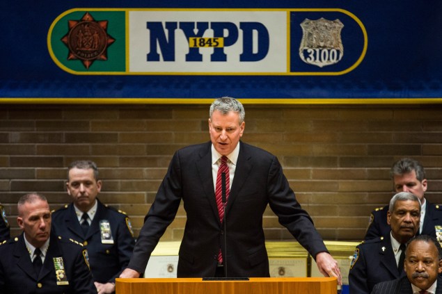 Mayor Bill de Blasio at an NYPD promotions ceremony. (Photo: Andrew Burton/Getty Images)