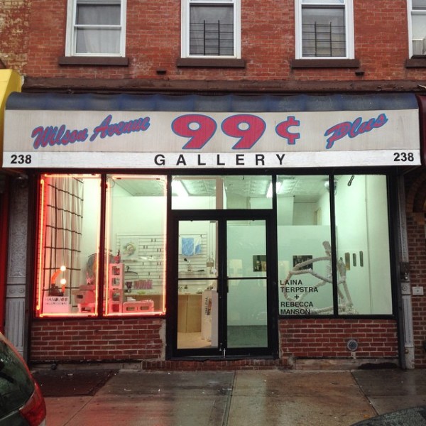 The storefront of 99 ¢ Plus Gallery and Handjob Gallery/Store in Bushwick. 