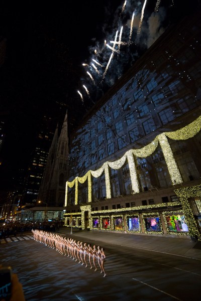 The Rockettes kicking off Saks' holiday windows. (Photo via Saks)
