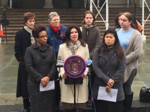 Council Member Elizabeth Crowley, Chair of the Fire and Criminal Justice Committee, holds rally and oversight hearing on hiring more women in the FDNY (Courtesy Office of Council Member Helen Rosenthal)