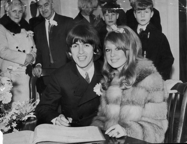 George Harrison and Pattie Boyd go for a courthouse wedding on Jan. 20, 1966. (Photo via Getty)