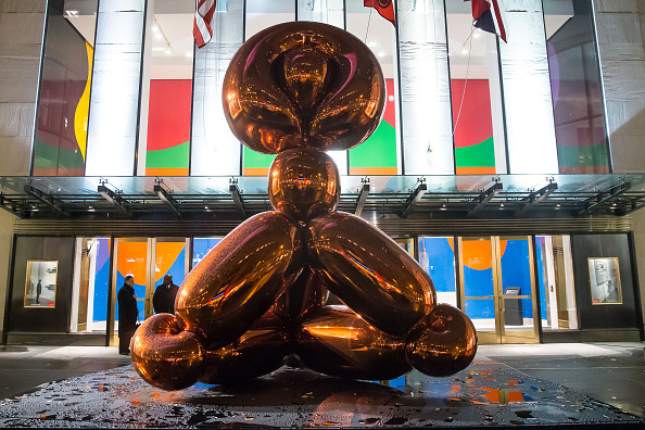 A general view of a Jeff Koons Balloon Monkey sculpture outside of Sotheby's. (Photo by Ben Hider/Getty Images)