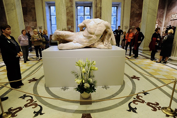 Part of the 'Elgin Marbles', named after British diplomat Lord Elgin who took them from Greece's in 1803, has left Britain for the first time since they were taken from the Parthenon, on loan the State Hermitage Museum in Russia. (AFP PHOTO/OLGA MALTSEVA (Photo credit should read OLGA MALTSEVA/AFP/Getty Images)