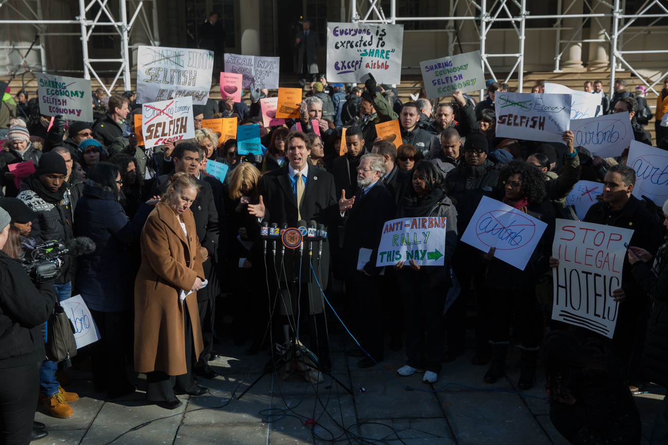 Councilman Ben Kallos at a rally against Airbnb today before a hearing. (William Alatriste/New York City Council)