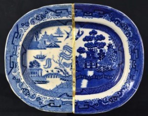 Paul Scott's Cumbria Blue(s), Willow. Staffordshire transferware collage, gold leaf, tile cement and epoxy resin,