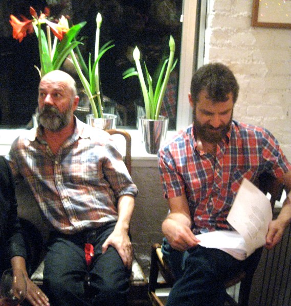 Andrew Sullivan and Matt Stone (Book of Mormon) photographed by Jill Krementz at a Christmas party on December 13, 2014