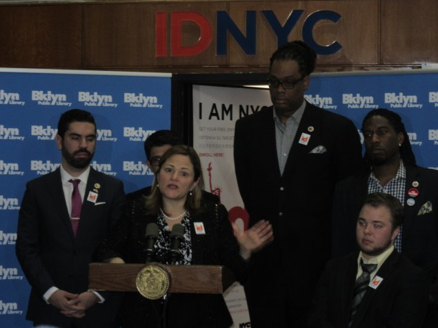 Surrounded by Council colleagues, Speaker Melissa Mark-Viverito lauded the IDNYC program.
