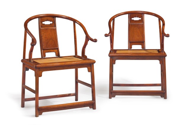 Set of four Huanghuali horseshoe-back armchairs, Ming Dynasty, 17th Century, estimated to sell for $800,000 to $1.2 million.