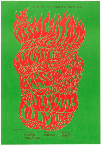 The Association band poster for 1966 Fillmore Auditorium concert in San Francisco, designed by Wes Wilson. (Photo: Matt Flynn courtesy Cooper Hewitt, Smithsonian Design Museum)