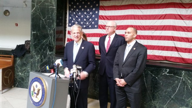 Congress members Steve Israel, Joeseph Crowley and Hakeem Jeffries at LaGuardia Airport. (Photo: Ross Barkan/New York Observer)