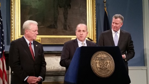Edward Mullins with Mayor Bill de Blasio today. (Photo: Ross Barkan/New York Observer)