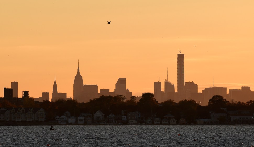 An gull flies over the midtown Manhattan skyline on a brisk autumn afternoon October 30, 2014 in New York. AFP PHOTO/Don Emmert (Photo credit should read DON EMMERT/AFP/Getty Images)