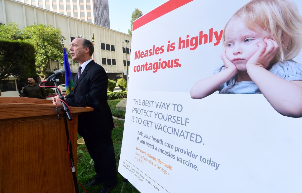 Dr. Jeffrey Gunzenhauser, Interim Health Officer from the Los Angeles County Department of Public Health, briefs the media outside the Department of Public Health in Los Angeles, California on February 4, 2015, with a general update of the measles outbreak in Los Angeles County. 