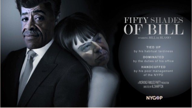 The New York State Republican Party compared Mayor Bill de Blasio's relationship with Rev. Al Sharpton to "50 Shades of Grey."