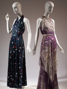 (left) Halston, dress, printed knit cotton, c.1976, USA, The Museum at FIT, 91.41.1, Gift of Ms. Gayle Osman; (right) Yves Saint Laurent, dress, printed silk chiffon, 1971, France, The Museum at FIT, 86.126.14, Gift of Lauren Bacall. Photo: Courtesy of the Museum at FIT