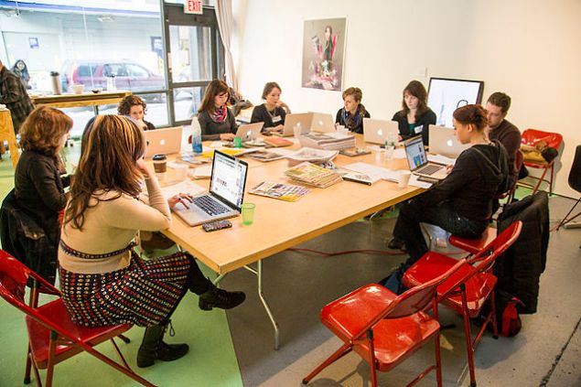 Participants at the 2014 Art+Feminism Wikipedia Edit-a-thon at Eyebeam, New York City. (Photo: CC BY-SA 4.0 Michael Mandiberg)