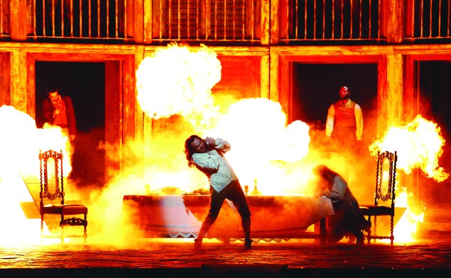 Hell arrives to claim Peter Mattei’s Don. (Photo by Marty Sohl/Metropolitan Opera)