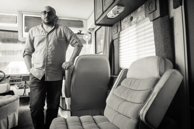 Husam Al-Sayed inside the CULTURERUNNERS RV, at MIT. (Courtesy of Edge of Arabia. Photo by John Mireles)