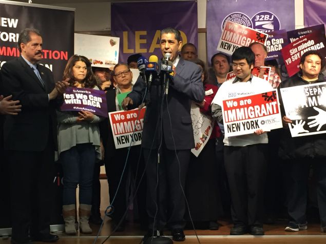 Then-State Senator Adriano Espaillat speaks during a New York Immigration Coalition press conference. 