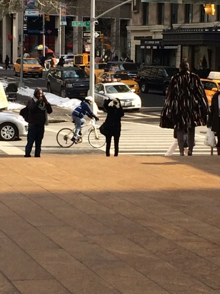 Photographers angling on the steps on Lincoln Center to get the perfect shot of a woman in a multicolor fur