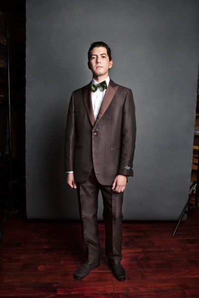 Trad style gets some attitude with a pure silk '50s style tuxedo and bow tie by Jay Kos