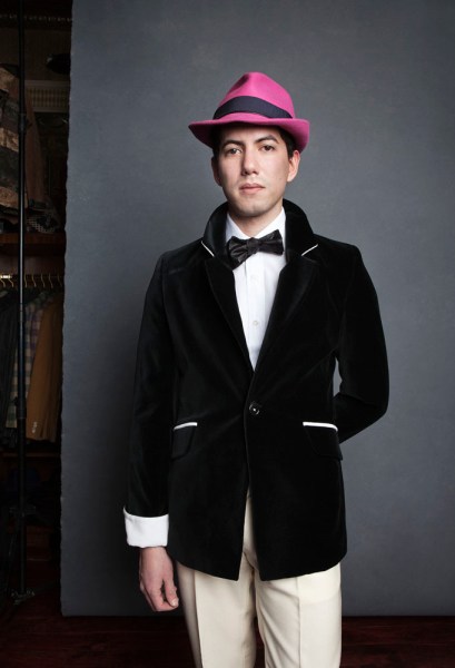 Dressed-up doesn't have to mean dull: black velvet blazer and pink rabbit felt fedora, all by Jay Kos