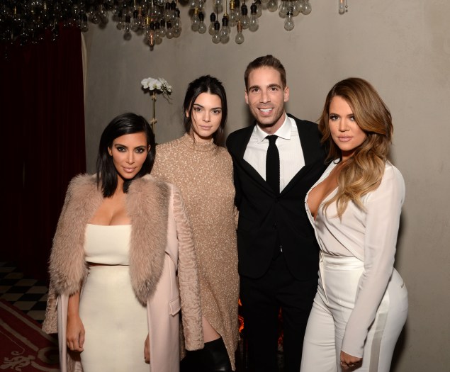 Kim Kardashian, Kendall Jenner, Command PR head Simon Huck and Khloe Kardashian at the Gramercy Park Hotel (Photo: Michael Simon).