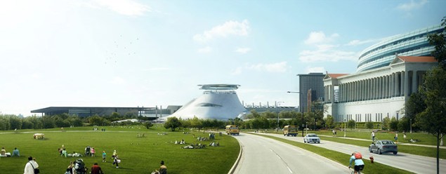 An architectural rendering of the planned Lucas Museum of Narrative Art on Chicago's lakefront museum campus (Photo courtesy Lucas Museum of Narrative Art).