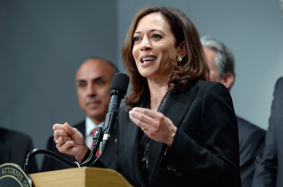 California Attorney General Kamala Harris speaks at a news conference on May 17, 2013 at the Los Angeles Civic Center in Los Angeles, California. Harris hosted a meeting of the state's district attorneys to develop recommendations on reducing gun violance. (Photo by Kevork Djansezian/Getty Images)