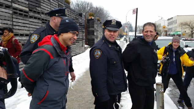 Councilmen Brad Lander and Carlos Menchaca are arrested in Brooklyn today. (Photo: Ross Barkan/New York Observer)