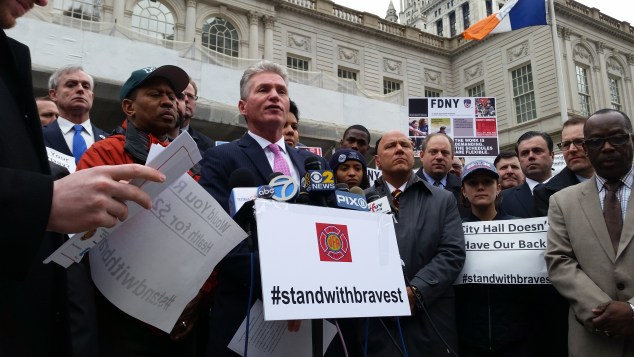 A rally for firefighter pension benefits outside City Hall today. (Photo: Ross Barkan/New York Observer)