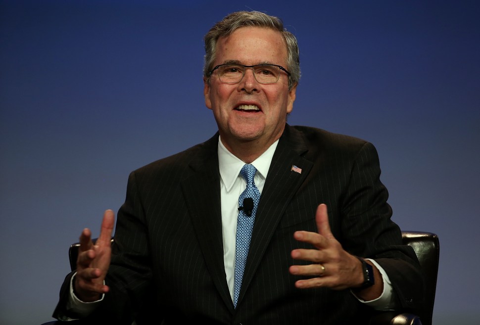 Former Florida governor Jeb Bush speaks during the 2015 National Auto Dealers Association (NADA) conference on January 23, 2015 in San Francisco, California. Bush, who now owns a private consulting firm in Florida, recently announced that he is actively seeking support for a potential 2016 US presidential campaign. (Photo by Justin Sullivan/Getty Images)