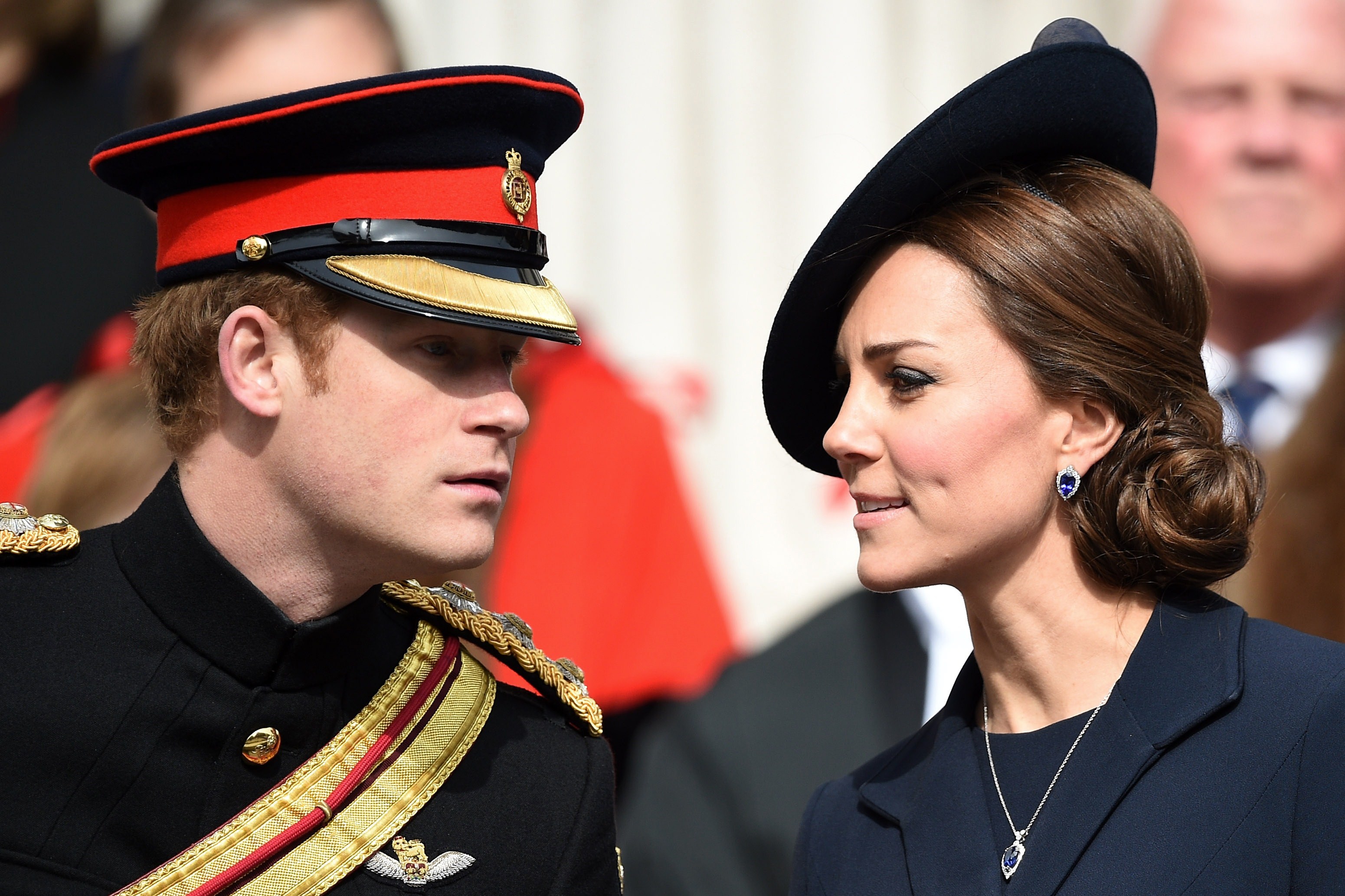 Prince Harry, in his ceremonial uniform, speaks with the Duchess of Cambridge at St. Paul's Cathedral earlier this month (Photo: Getty).