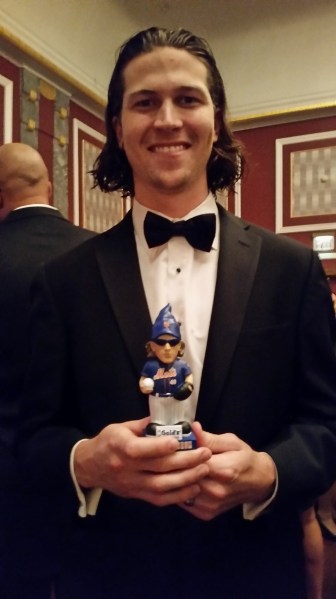 Jacob deGrom with his gnome, which will be given out to 15,000 fans May 2.