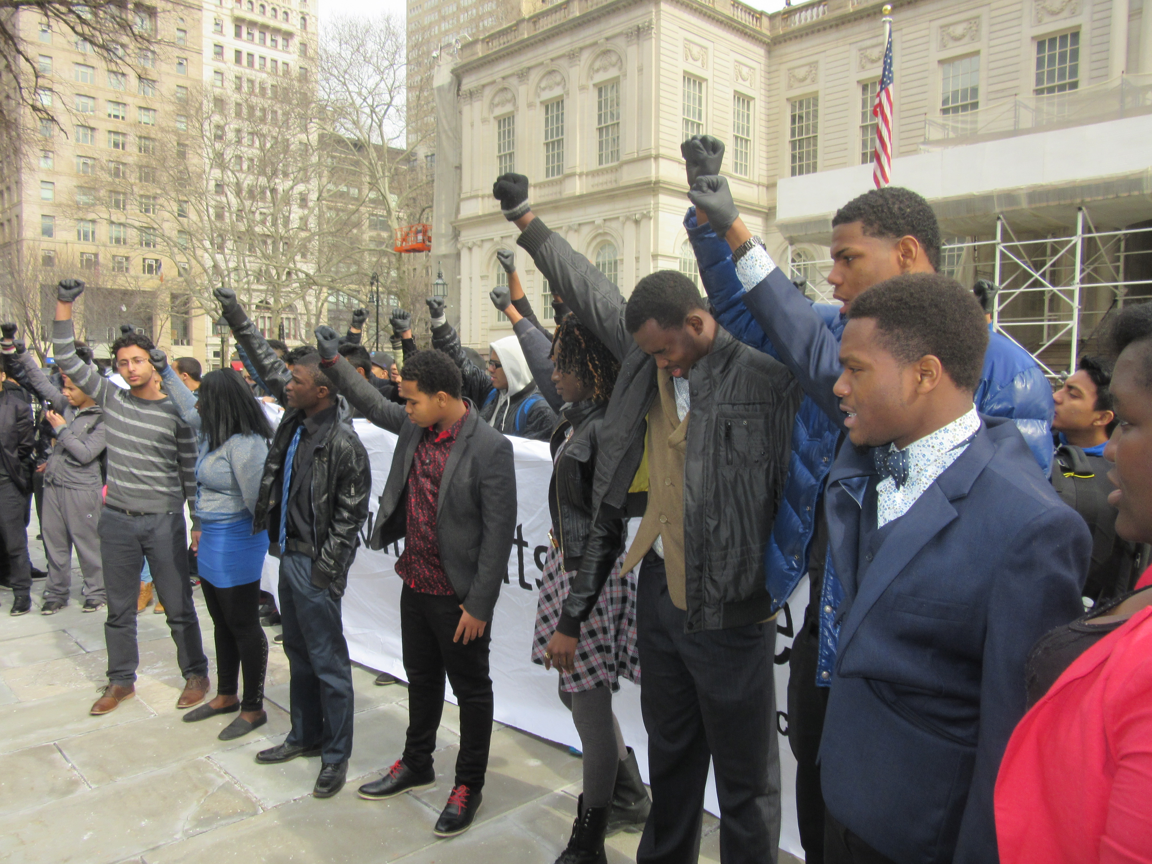 Students demanding school sports protest outside City Hall today (Photo: Will Bredderman/New York Observer).