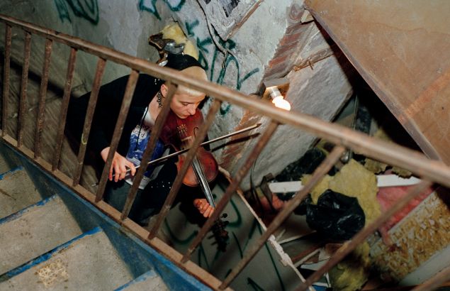 Maria and Violin in Serenity House Stairwell, 1997 (Ash Thayer).