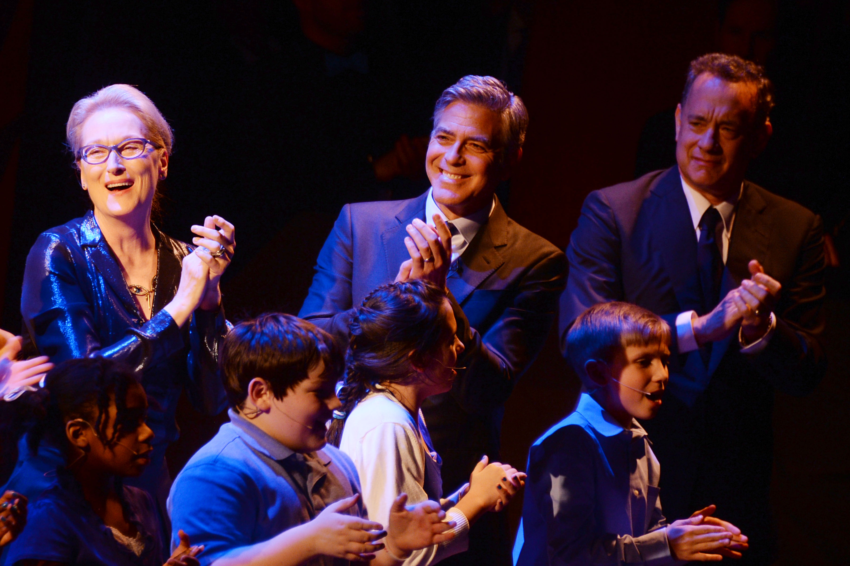 Meryl Streep, George Clooney and Tom Hanks yuk it up at the Newman gala (Photo: Patrick McMullan).