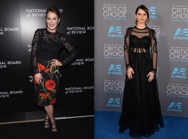 Julianne Moore wears D&G in January at Nat'l Board of Review Gala; Felicity Jones wears D&G on Jan. 15. (Photos: Getty)