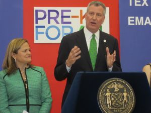 Mayor Bill de Blasio, right, with Council Speaker Melissa Mark-Viverito (Photo: Will Bredderman for Observer).