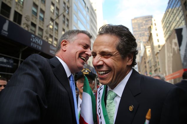Mayor Bill de Blasio and Gov. Andrew Cuomo shared a moment at 2013's year's Columbus Day Parade, but this year they steered clear of one another. (Photo: Spencer Platt/Getty Images)