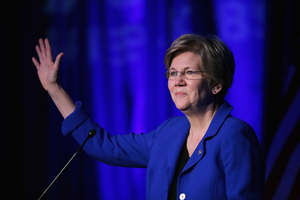 Sen. Elizabeth Warren (D-MA) delivers remarks during the Good Jobs Green Jobs National Conference at the Washington Hilton April 13, 2015 in Washington, DC. Email correspondence obtained by the Observer reveals Democratic party insiders trying to recruit her into the presidential race as a way to sharpen Hillary Clinton's campaign chops. (Photo by Chip Somodevilla/Getty Images)