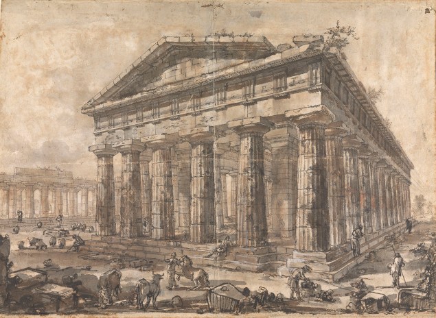 Giovanni Battista Piranesi, View of the Temple of Neptune, Looking Southwest (Study for plate X of the Différentes vues de Pesto) (ca. 1777-78). (Photo: Courtesy of the Trustees of Sir John Soane's Museum)