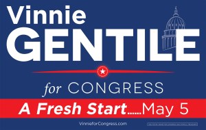 A Vincent Gentile campaign sign with a disclaimer in the lower right hand corner.