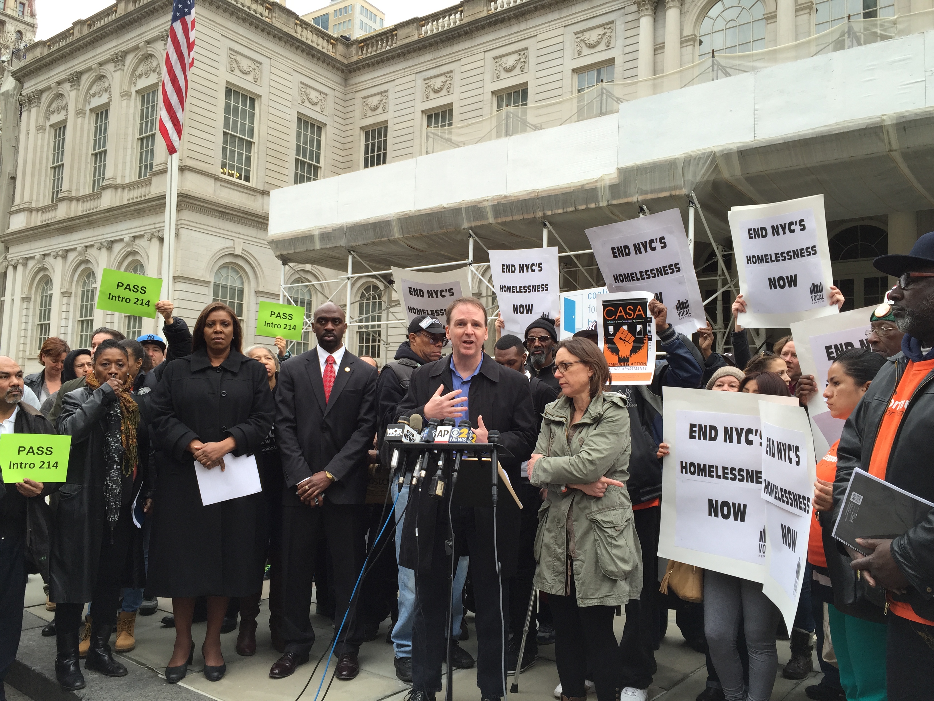 Patrick Markee of the Coalition for the Homeless speaks at a City Hall rally. (Photo: Ben Shapiro/New York Observer)
